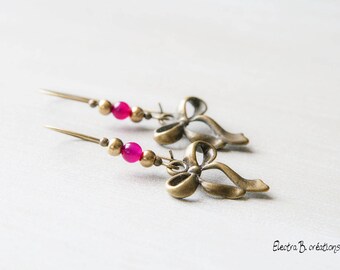 Earrings vintage fuchsia bows and bronze