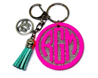 Personalized Glitter Round Monogram Keychain with Tassel, Personalized Monogram Keychain, Custom Keychain, Glitter Keychain, Yoga Keychain