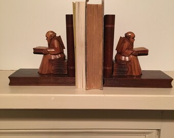 Vintage Carved Wood Monk Bookends