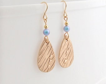 Modern Teardrop Earrings, Dangle Drop Bronze and Swarovski Pearl, 14K Gold Filled Earwires, 8th Bronze Anniversary Gift for Her