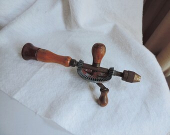 Collectible Hand Crank Drill - Wood Handle - Egg Beater Style Hand Crank Drill - Woodworking Tool - Carpenters Tool- Removable End for Bits