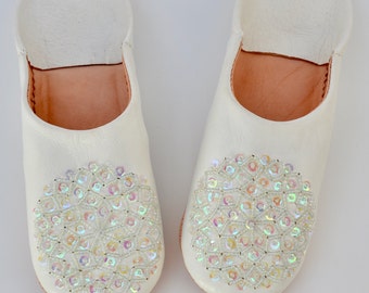 Moroccan Leather Sequin Slippers, White Babouche, Organic Leather Slippers, Womens Babouche, Sheepskin Slippers, Handmade Slippers, Babouche