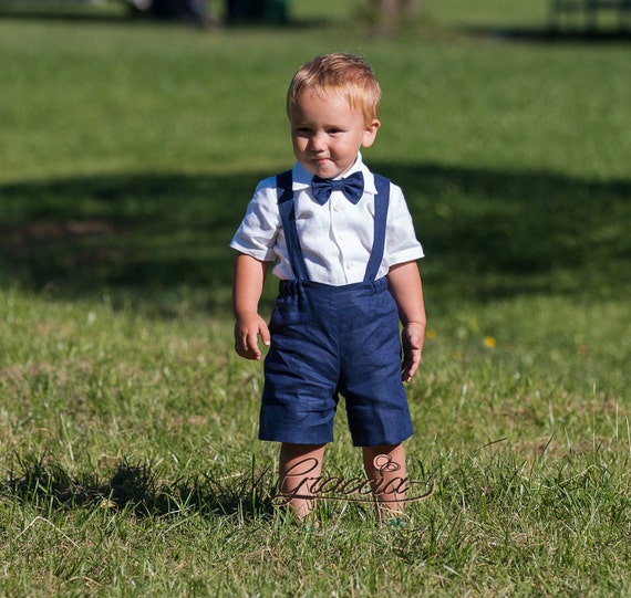 Ring bearer outfit Boy suspenders suit Baby boy linen clothes