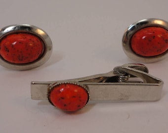 60s Cufflinks Set Silvertone/Speckled Coral Lucite Cabochons