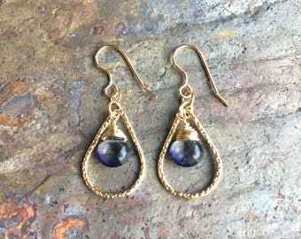 Iolite gemstone gold hoop earrings