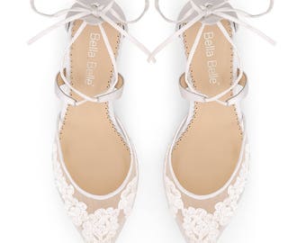Classic Alencon lace comfortable low heels wedding shoes, criss cross ankle straps by Bella Belle Amelia