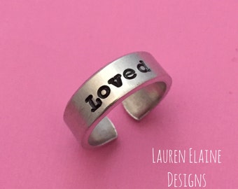 Loved- Hand Stamped Aluminum Ring- You Choose the Font