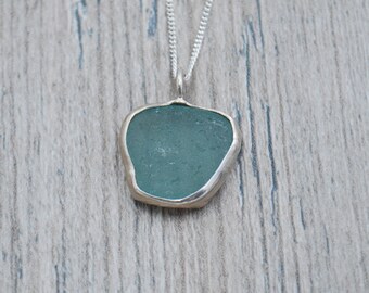 Backless Bezel Set Dark Seafoam Green Lake Erie Beach Glass Necklace in Sterling Silver