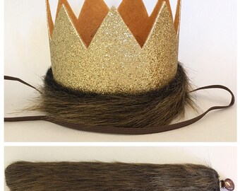 Where the Wild Things Are Glitter Gold and Mustard Medium Crown Headband and Tail, King of the Jungle Crown Hat and Tail, Lion Crown and Tai
