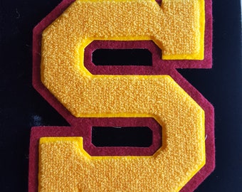 Varsity Patch- Letterman Jacket S Patch- Vintage Patch- Vintage Applique- Garnet Maroon Red Gold Yellow- 7.75 Inches