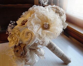 Rustic Lace Flower Shabby Chic Bridal Bouquet with Burlap Roses, Sola Flowers, Rhinestones and Pearls.