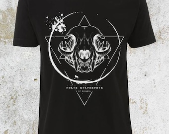 HANDPRINTED Men Shirt "Felis Silvestris" Cat Skull