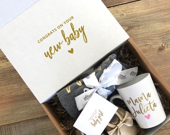 BABY SHOWER GIFT / mom gift set / new baby gift box / new mom gift box / baby shoes / gold baby shoes / custom mom mug / mothers day gift