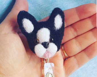 Boston Terrier, Retractable ID, Felt Dog Badge Reel, Nurse Badge Holder, Teacher Badge Holder, Nursing Badge Clip, Pediatric badge