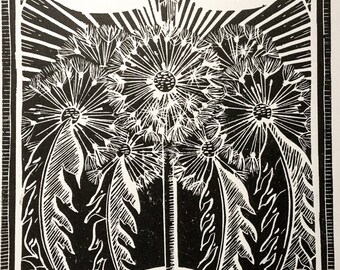 Dragonfly and Dandelions Linocut Print