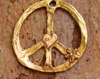 Rustic Gold Bronze Peace Pendant CH-259, Hippie Peace, Peace Love Jewelry