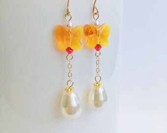 Swarovski Butterfly Earrings,Swarovski Pearl Earrings,Swarovski Crystal Earrings,Swarovski Tangerine Earrings