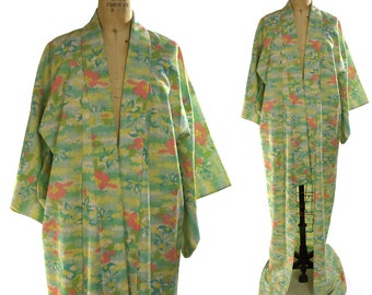 Vintage Floral Kimono / 1970s Bohemian Duster Watercolor Floral Pattern / Maxi Length Ethnic Asian Gypsy Jacket or Dress