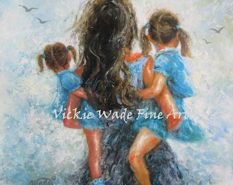 Mother Two Daughters Art Print, mother paintings, mom, two girls, carrying, mother's day gift, girls room, mother daughter hug, Vickie Wade