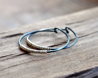 Silver Lining Hoop Earrings - Oxidised Sterling Silver Handmade Hoops with a Contrasting Silver Coil.