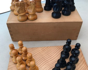 Vintage Chess Set Wooden Pieces in Wood Box - missing one black knight.