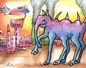 Elephant 6 legs alien ufo castle wall art miniature art ATC Gift Art Trading Card Whimsical - Original ART ACEO Watercolor - Katie Hone