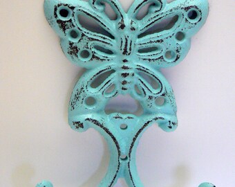 Butterfly Wall Hook Cast Iron Beach Light Cottage Blue Distressed Double Wall Hooks Shabby Style Chic Jewelry Hat Coat Key Scarf Leash Hook