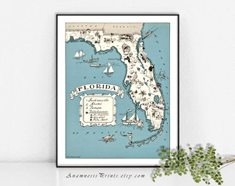 FLORIDA MAP PRINT- size & color choices - personalize it - vintage coastal map - fun wedding or housewarming gift - beach house art print
