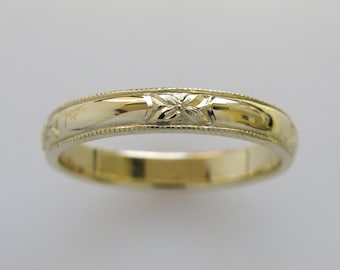 Hand Engraved Wedding Band or Anniversary Band with Orange Blossom and Milgrain Edge in 14k Yellow Gold