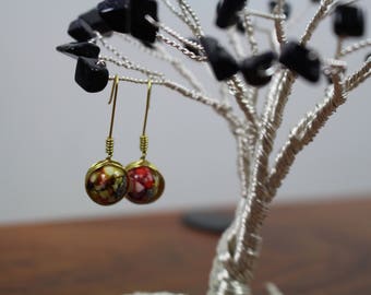 Unique Handmade Brass Wire Wrapped Earrings w/ Yellow & Orange Hand painted Eggshell Patterned Glass Beads as Centerpiece