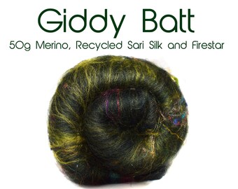 Spinning Batt - Green - Multi coloured - Merino - Recycled Sari Silk - Firestar - 50g / 1.75oz - GIDDY BATT