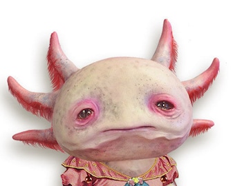 Carlota - PAPER DOLL - articulated axolotl - 10.2 inches - art doll magical creature freak carnival circus salmon pink paper puppet
