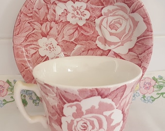 Vintage Burleigh Victorian Chintz Red Rose Pattern Tea Cup and Saucer - Made in England