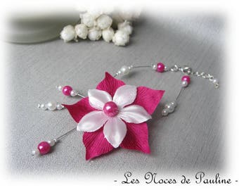 Fuchsia wedding bracelet and white flower satin Julia c.