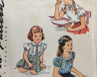 Simplicity 1209 girls blouse size 2 vintage 1940's sewing pattern