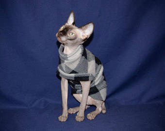 PLAID GREY FLEECE Comfy Cat Shirt Your Choice Sleeveless or With Cuff & Collar by ComfyStyles Costume Pajama Sphynx Cat Clothes all breeds