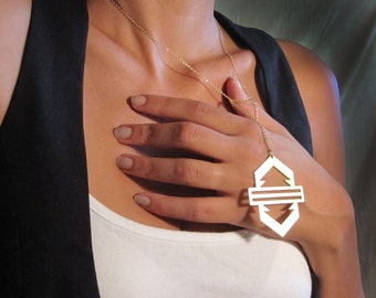 Gold Statement Necklace, Geometric Necklace, Bohemian Jewelry, Long Pendant Necklace, Tribal Necklace, Large Charm Necklace,Chevron Necklace