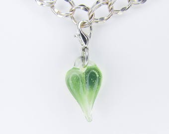 Green Glass Love Charm Pendant, Hand Blown Glass , Glass Heart Clip, Boro dangle, Lampwork jewelry, Boro, Heart Charm Clasp