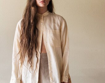Linen Lemon Cream Blouse | Minimalistic 90s Linen Button Up Blouse