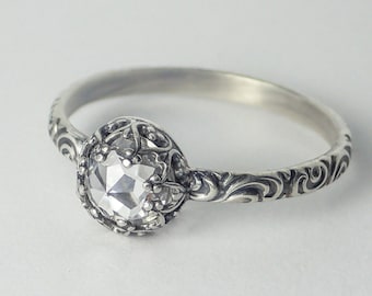 Classic Rose Cut CZ Ring, Rose Cut Clear Cubic Zirconia Sterling Silver Pattern Ring, Sterling Silver Ring Custom created in your size