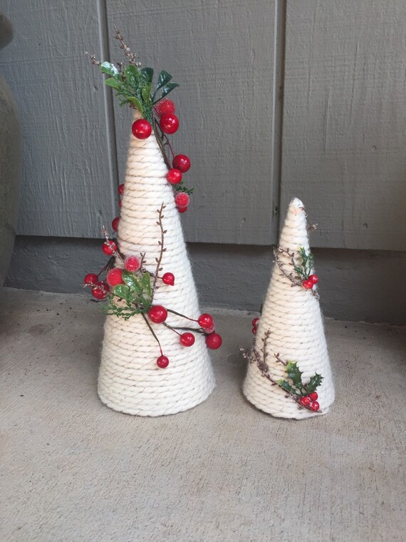 Christmas Holiday paper mache Cone Yarn Trees with berry