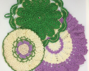 Vintage Handmade Purple and Green Doilies Hot Pads