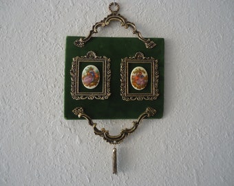 Vintage Victorian Themed Wall Hanging, Green Velvet Background with Cameos and Antique Gold Tone Ornate Metal Frames and Tassel