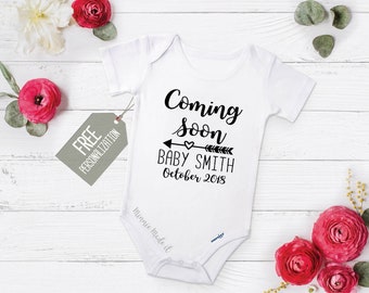 Pregnancy Announcement Onesie® - Coming Soon Personalized With Name and Due Date - Perfect Baby Announcement For Baby Boy Or Girl Reveal