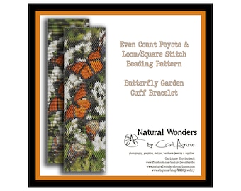 Monarch Butterfly Cuff Bracelet - Loom & Even Count Peyote stitch beading pattern, square stitch, monarch pattern, animal cuff bracelet