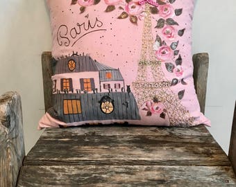 Baby Pink Hand-painted Paris Pillow, Painted Pillow case, Baby Pink Pillow, Classic French Decor, Parisian Pillow, Nursery Pillow,22x22,pink