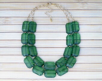 Sale!! Green Crystal Statement Necklace - Emerald Green Bib Necklace - Beaded Chunky Collar Necklace - Large Multistrand Bead Necklace