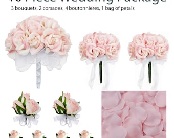 10 Piece Wedding Package - Silk Wedding Flowers - Bridal Bouquets - Pink Rose Wedding Bouquets