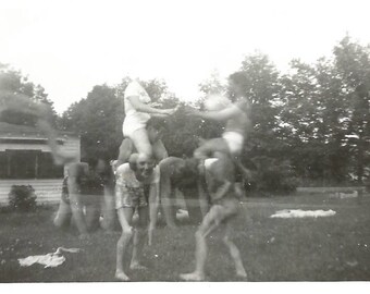 Vintage Snapshot "Double Your Fun" Double Exposure Men & Women Bare Legs Arms Shirtless Men Found Vernacular Photo