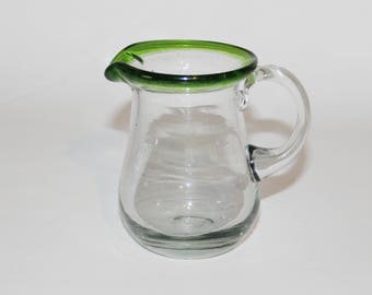Vintage Green Blown Glass Creamer Jug Green Top Border Tinted Green thicj Blown Glass